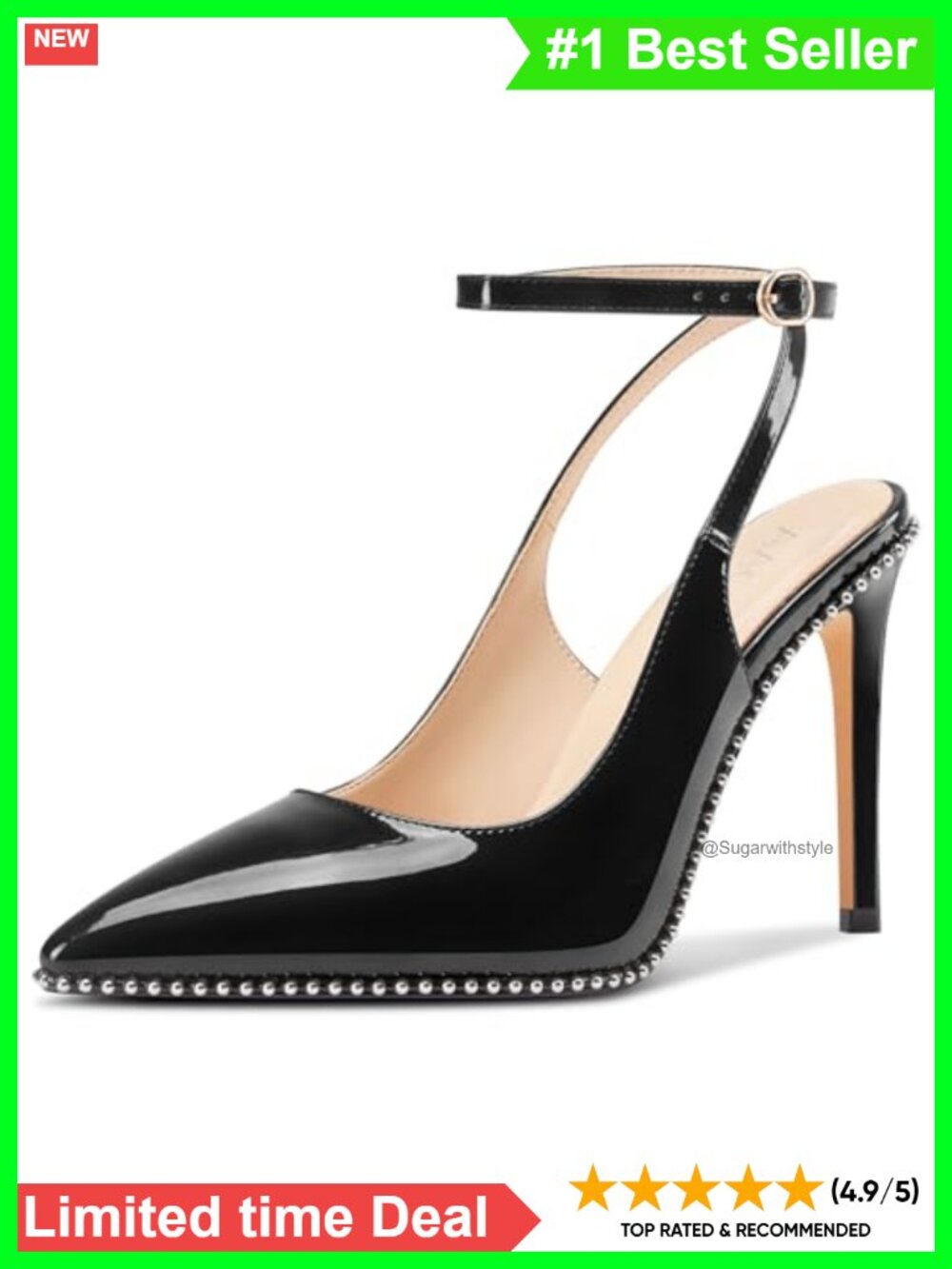 Aachcol Faux Leather Pointed Toe Stiletto Heels with Beaded Ankle Strap